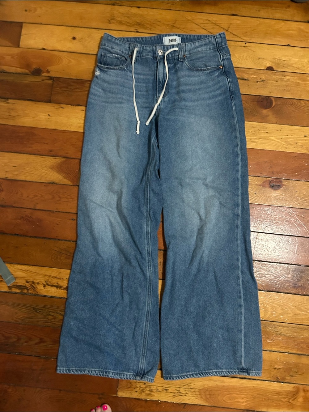 PAIGE Medium Blue Wide-Leg Denim with Drawstring Waist